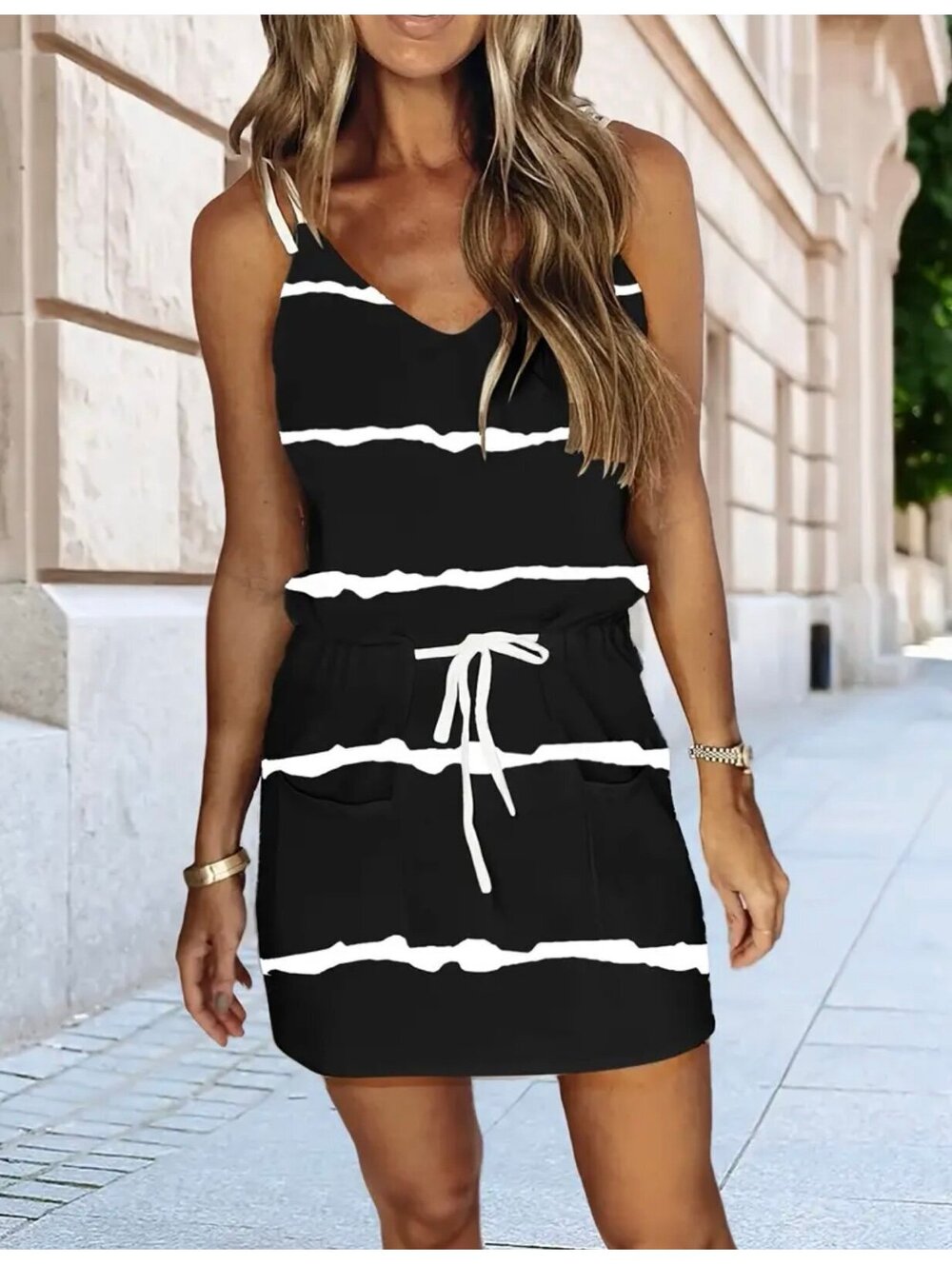 New - Flattering - Black & White Color Block Cami Dress - Size M